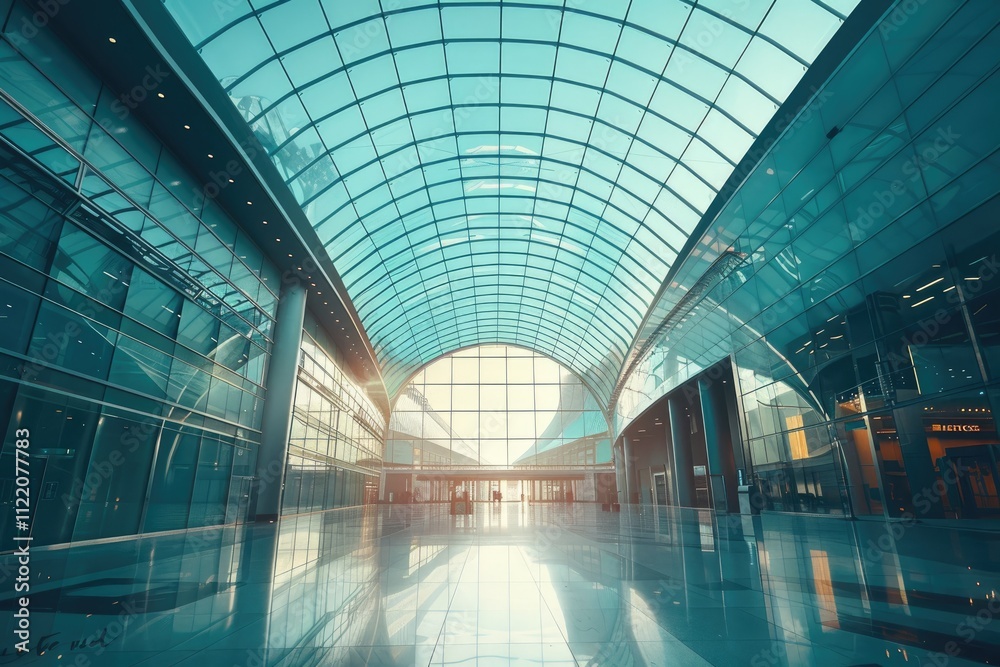 A modern building with a glass roof and a large window at the end of a hallway. A modern building with a glass roof and a large window at the end of a hallway.