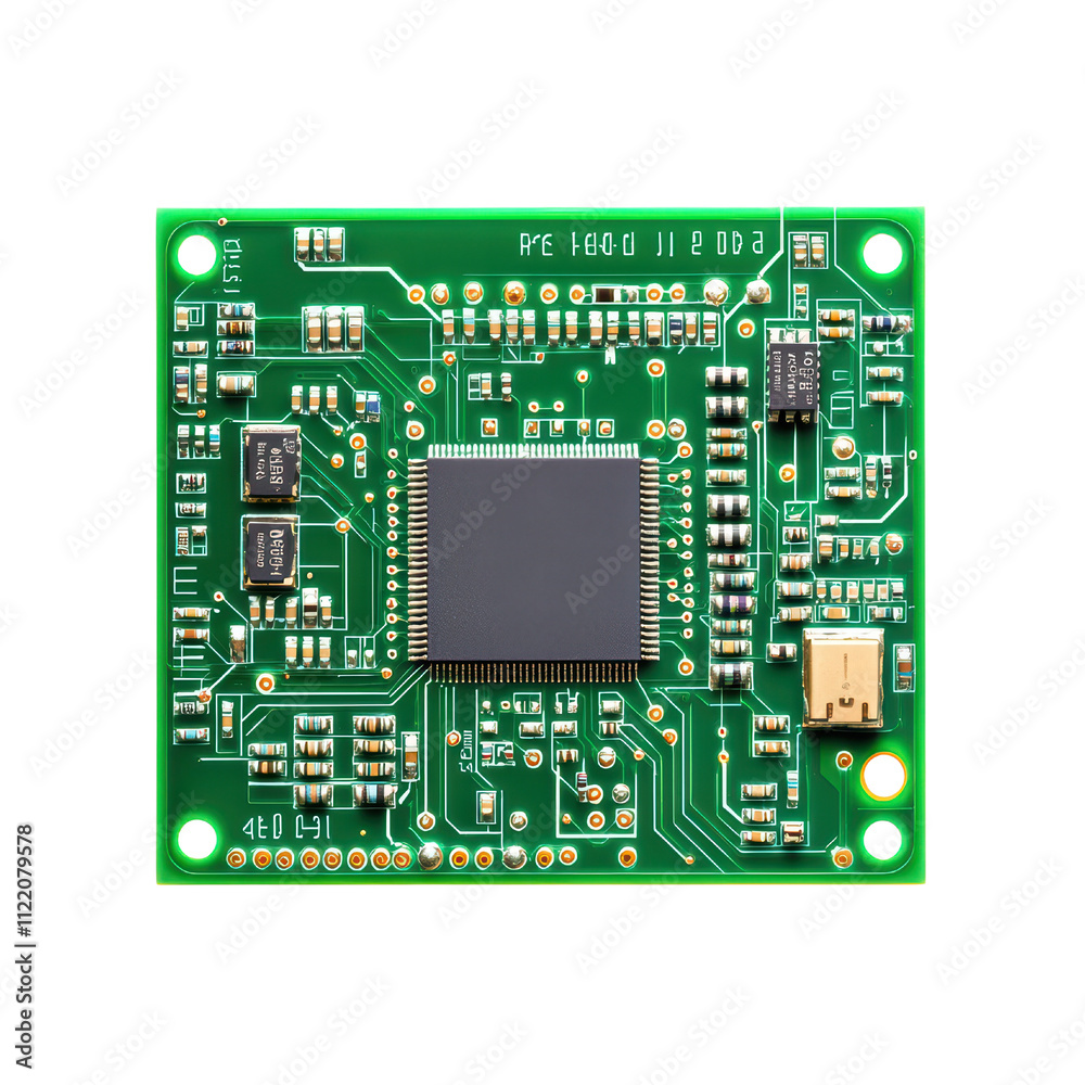 Circuit board with microcontroller and electronic components, showcasing intricate design and technology. Ideal for electronics enthusiasts and engineers. isolated on transparent background Circuit board with microcontroller and electronic components, showcasing intricate design and technology. Ideal for electronics enthusiasts and engineers. isolated on transparent background