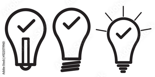 Light bulb with tick icon in flat style. Lightbulb with check, successful idea symbol isolated on white. Simple abstract thin line icon in black. Vector illustration for graphic.