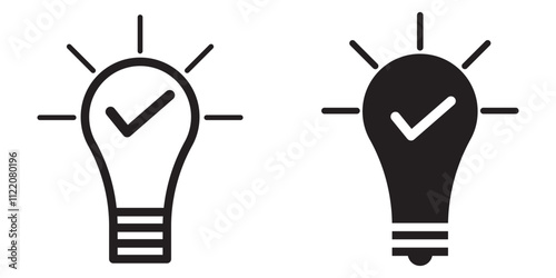 Light bulb with tick icon in flat style. Lightbulb with check, successful idea symbol isolated on white. Simple abstract thin line icon in black. Vector illustration for graphic.
