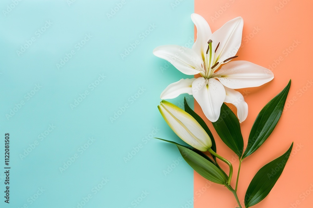 Fototapeta premium White lily blossom with copy space on a coordinating background—a beauty, spa, wellness, and natural cosmetics idea, Generative AI.