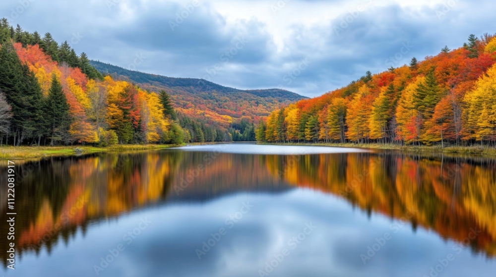 Naklejka premium A serene lake reflects vibrant autumn foliage under a cloudy sky, surrounded by colorful trees, AI