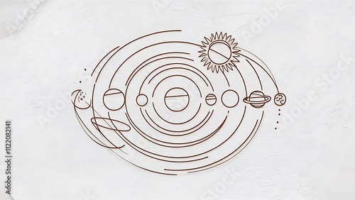 Delicate solar system icon over white background, minimalist tattoo concept, line style, vector illustration