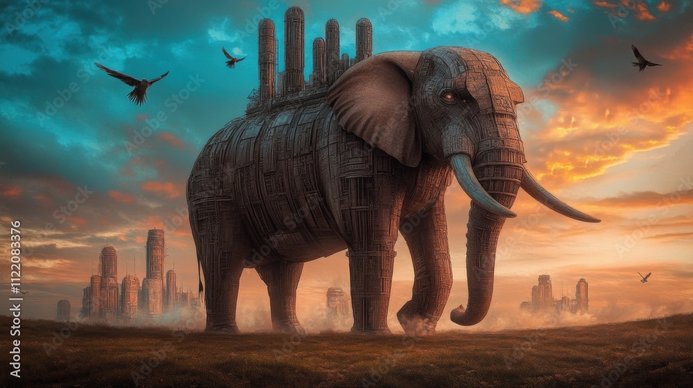 Fototapeta premium Majestic Robotic Elephant in Futuristic Cityscape Under Vibrant Sunset Sky