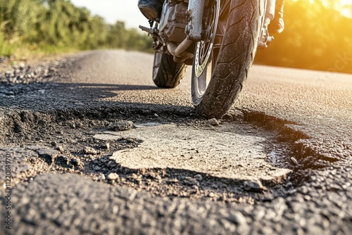Motorcycle Tire Overcoming Pothole on Winding Rural Road at Sunset with Vibrant Nature Surroundings and Warm Light Casting Shadows on Damaged Asphalt