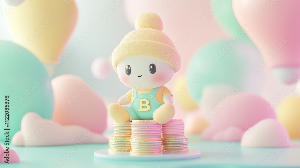 Obraz premium 3D cute BTC character on pastel bitcoin coins with clouds