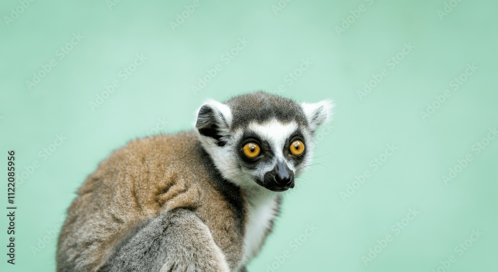Obraz premium Curious lemur with striking eyes against soft green background