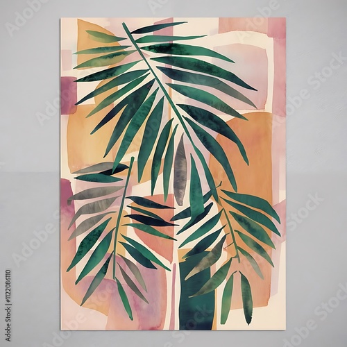 Abstract geometric watercolor palm leaf poster. Modern minimal illustration with palm leaf and hand drawn texture for minimalist print, cover, boho wall decor, mid century design, trendy art