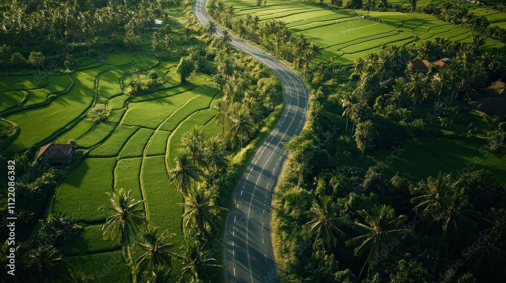 Fototapeta premium The asphalt road winds through beautiful Indonesian countryside, with rows of tall palm trees lining both sides, background wallpaper AI generated image