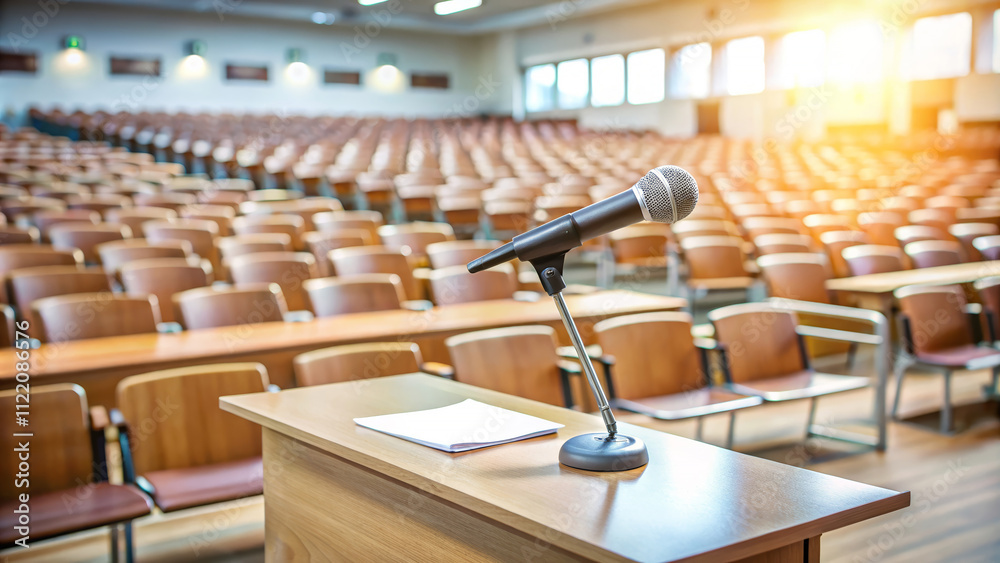 Obraz premium Empty college lecture hall with a microphone ready for a presentation at sunrise