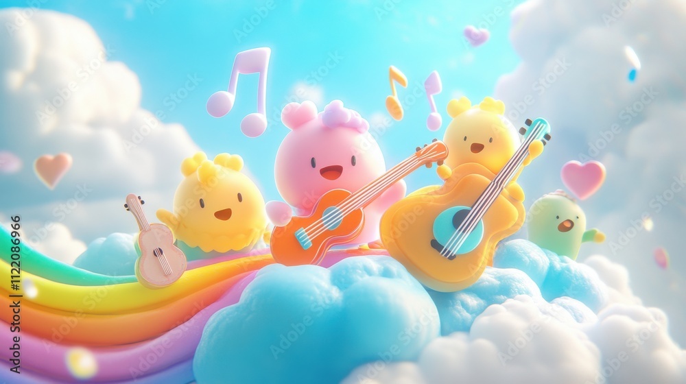 Fototapeta premium Bitcoin characters play music on cloud in cheerful setting