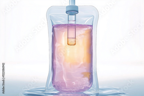A translucent pouch filled with a vibrant liquid, featuring a tube for dispensing, set against a clean, bright background.