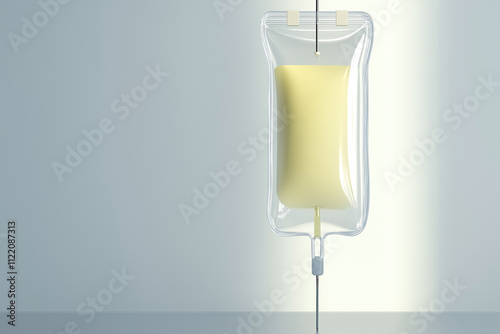 A clear intravenous bag containing a yellow liquid, suspended against a softly illuminated background, commonly used in medical settings.