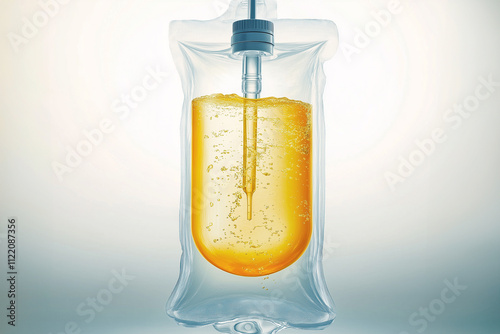 A clear infusion bag containing yellow liquid, possibly representing IV therapy or hydration treatment, set against a neutral background.