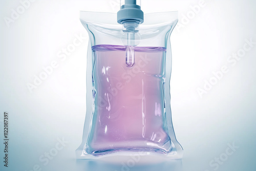 A transparent pouch containing purple liquid, featuring a nozzle for dispensing, set against a light background.