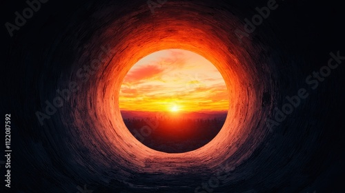 Scenic sunset through circular opening tranquil nature photography from eye-level perspective