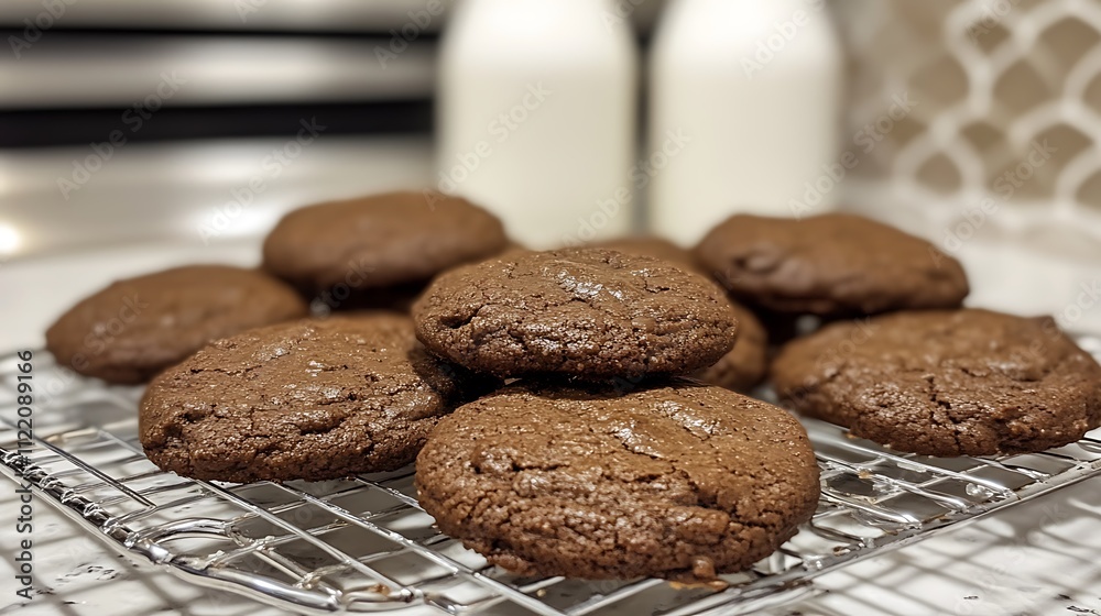 Fototapeta premium Delicious Chocolate Cookies Cooling On A Wire Rack