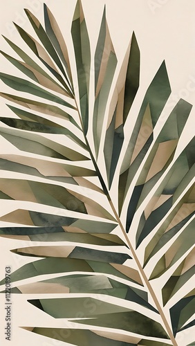 Abstract geometric watercolor palm leaf poster. Modern minimal illustration with palm leaf and hand drawn texture for minimalist print, cover, boho wall decor, mid century design, trendy art