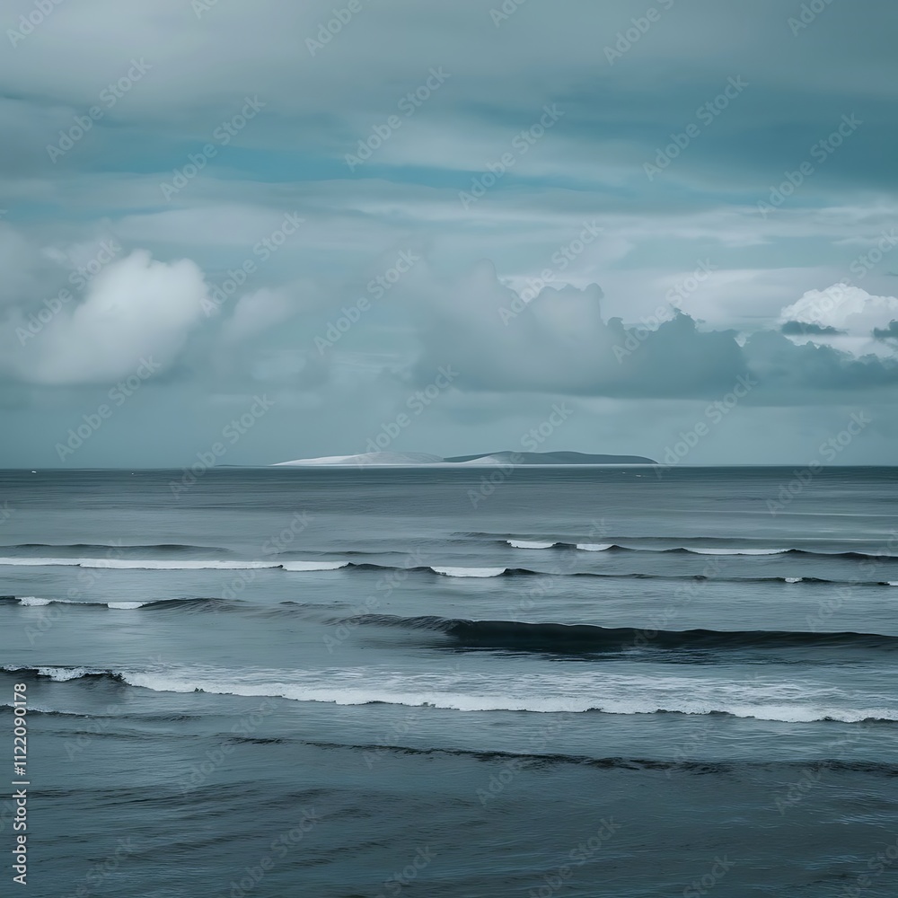 Naklejka premium Cloudy blue minimalist seascape. Deserted space. Horizon line. Background.