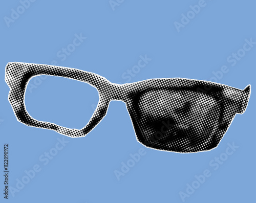 close up of broken glasses frame pixelate grayscale color halftone dotted texture style collage element isolated on blue background