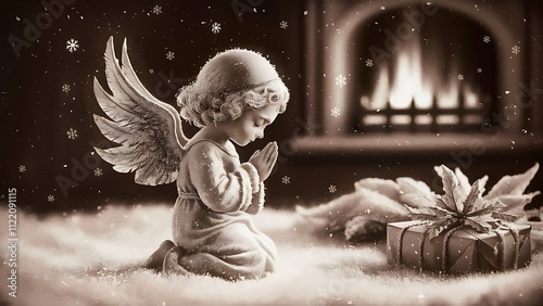 Drawing sketch of a Monochrome angel praying. Merry Christmas from a little Angel vector illustration. photo