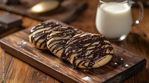 Delicious Chocolate Drizzled Cookies On Wooden Board