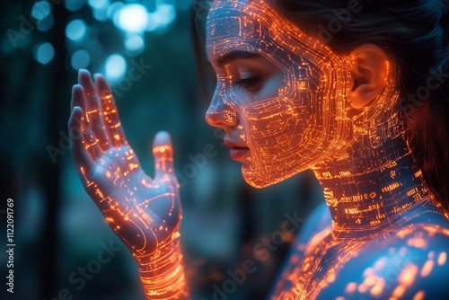 AI in smart healthcare monitoring: A person wearing AI-powered health monitoring devices that track vital signs and provide real-time updates on their health, alerting them to any abnormalities or nec