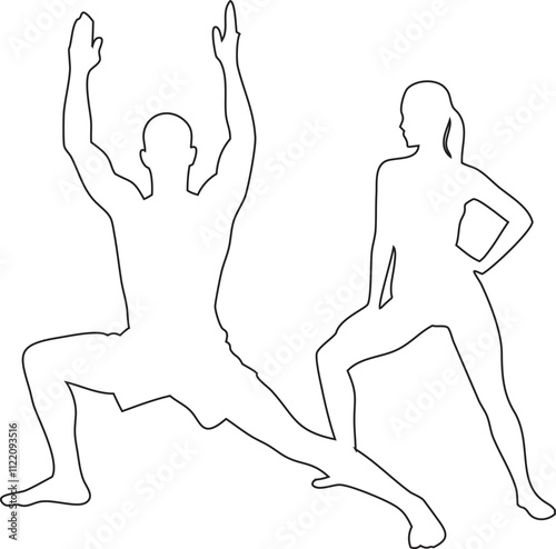 Muscle man and woman with dumbbells outline clipart