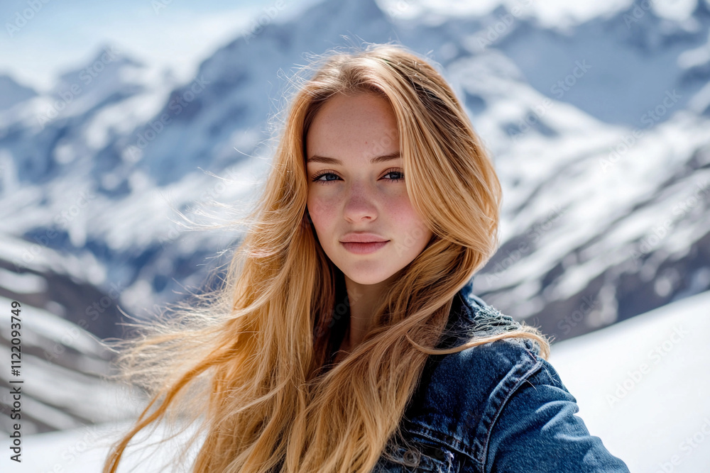 Young woman with long hair smiles in snowy mountain landscape Young woman with long hair smiles in snowy mountain landscape