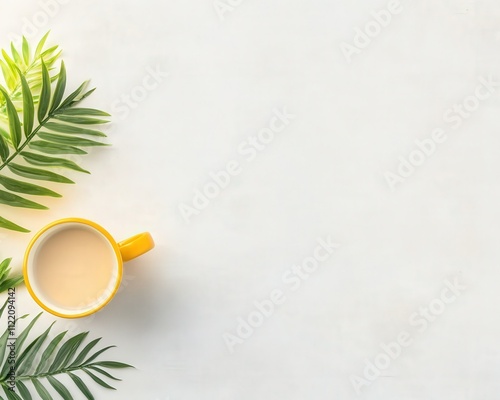 Warm cup of coffee beside green leaves on a light surface in a cozy setting during morning time