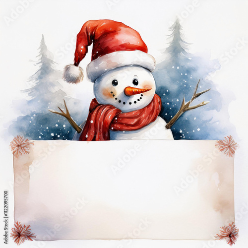 Watercolor illustration of Merry Christmas or Happy New Year invitation card or letter with adorable snowman behind a sign with copy space for text with pine trees in the background