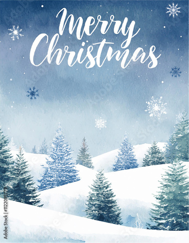 Watercolor illustration of an elegant Merry Christmas or Happy New Year invitation card or letter of a Christmas night winter landscape of pine trees with snow and snowflakes