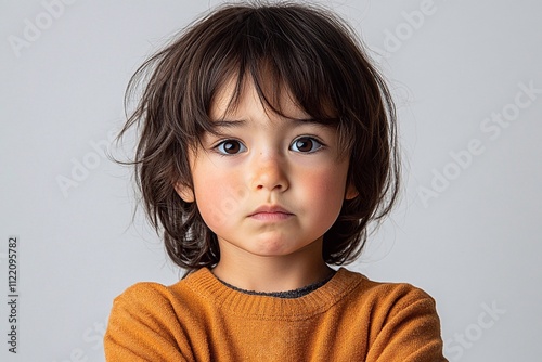 Child with a frown, crossing their arms in frustration: A young child with a pouty expression, crossing their arms in frustration, clearly upset but in a way that is still endearing and innocent.


