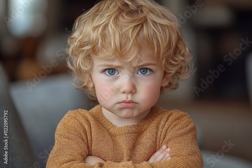 Child with a frown, crossing their arms in frustration: A young child with a pouty expression, crossing their arms in frustration, clearly upset but in a way that is still endearing and innocent.


