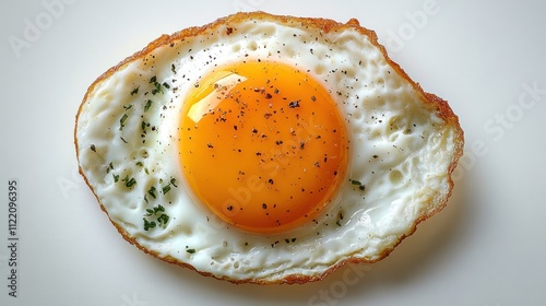 Fried egg, sunny-side up, on a plate, with a yolk that is a vibrant orange. photo