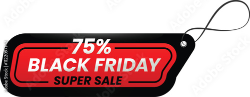 Black friday sale tag featuring bold red and white text on a black background, highlighting a 75 percent discount. Perfect for promotions, advertisements, and seasonal shopping events