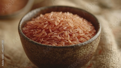 Distinctive red rice fills a rustic bowl revealing its vibrant color and textured surface on a warm organic backdrop that enhances its appeal