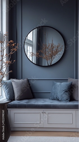 Design an entrance hall with light gray walls, a gray velvet sofa, and a back wall in a dark blue color. Include a single modern mirror cabinet above the bench on a white sideboard, and an LED lightin