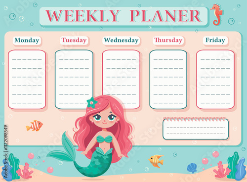 A weekly planer for a student. School Time Table Template with a sweet and beautiful mermaid. Vector illustration in flat cartoon style