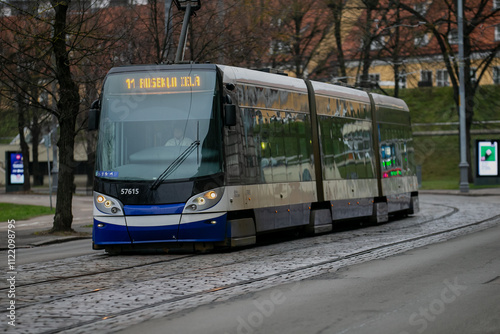 Photography electrical railway tramway in city Riga, Latvia