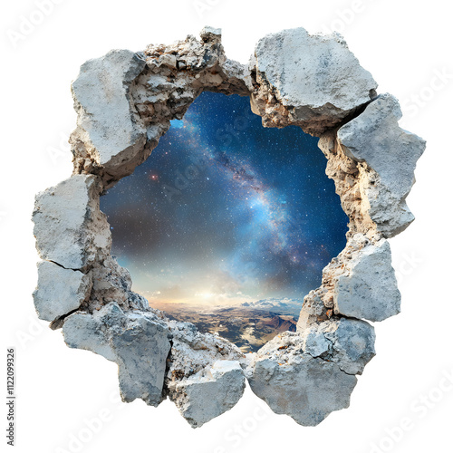 A large hole in a wall with a starry sky above it