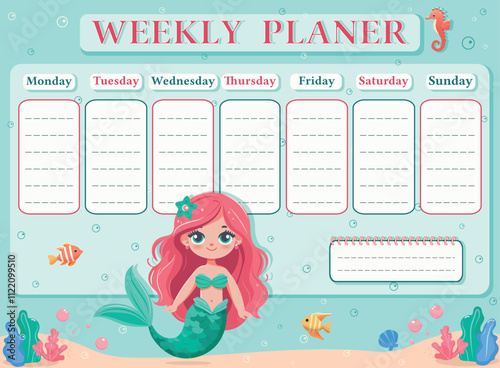 A weekly planer for a student. School Time Table Template with a sweet and beautiful mermaid. Vector illustration in flat cartoon style