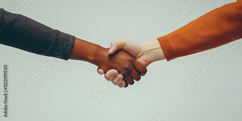 Close-up of a handshake between two people wearing contrasting sweaters on a neutral background photo