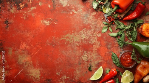 Fresh vegetable and herb border on rustic red background with lime and salsa