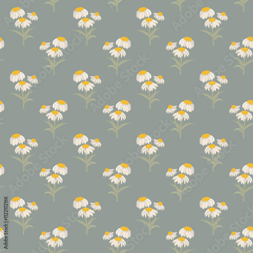 Hand drawn white yellow floral seamless pattern with cone daisies for spring summer, small scale
