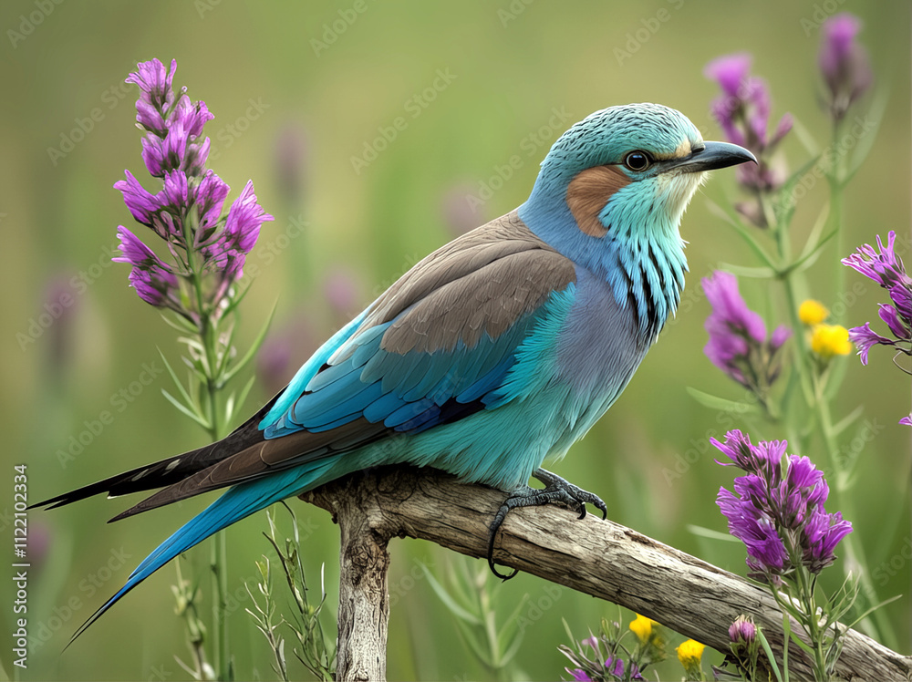 Obraz premium Lilac-breasted roller perched on a branch with vibrant feathers and colorful plumage