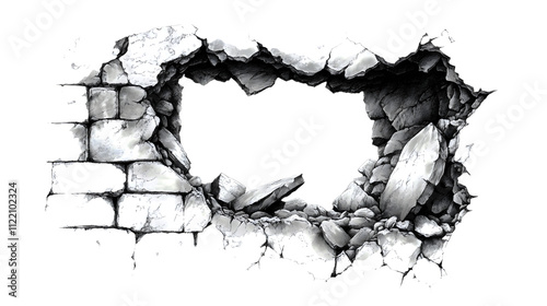 Fototapeta Naklejka Na Ścianę i Meble -  A black and white drawing of a wall with a hole in it