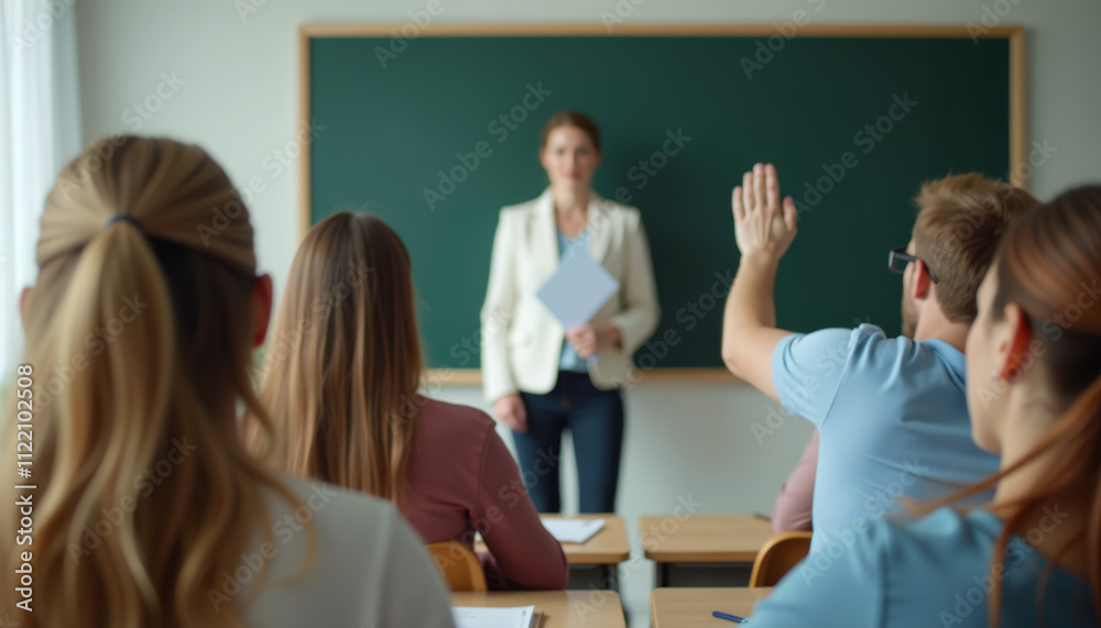 Fototapeta premium Engaged Students Asking Questions in a Classroom