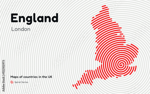 England Map in Spiral Formation: LondonTakes Center Stage. Fingerprint and stripes pattern. Maps of countries in the United Kingdom