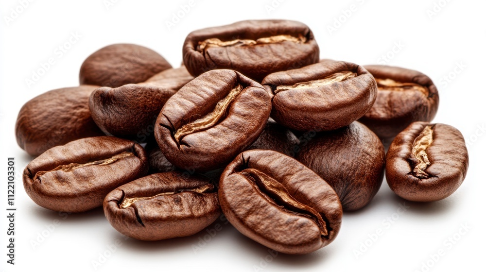 Close-Up of Aromatic Roasted Coffee Beans on White Background Close-Up of Aromatic Roasted Coffee Beans on White Background